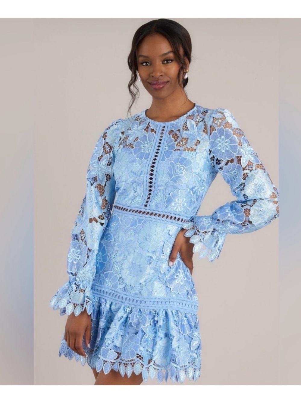 Light Blue Floral Lace Long-Sleeve Mini Dress